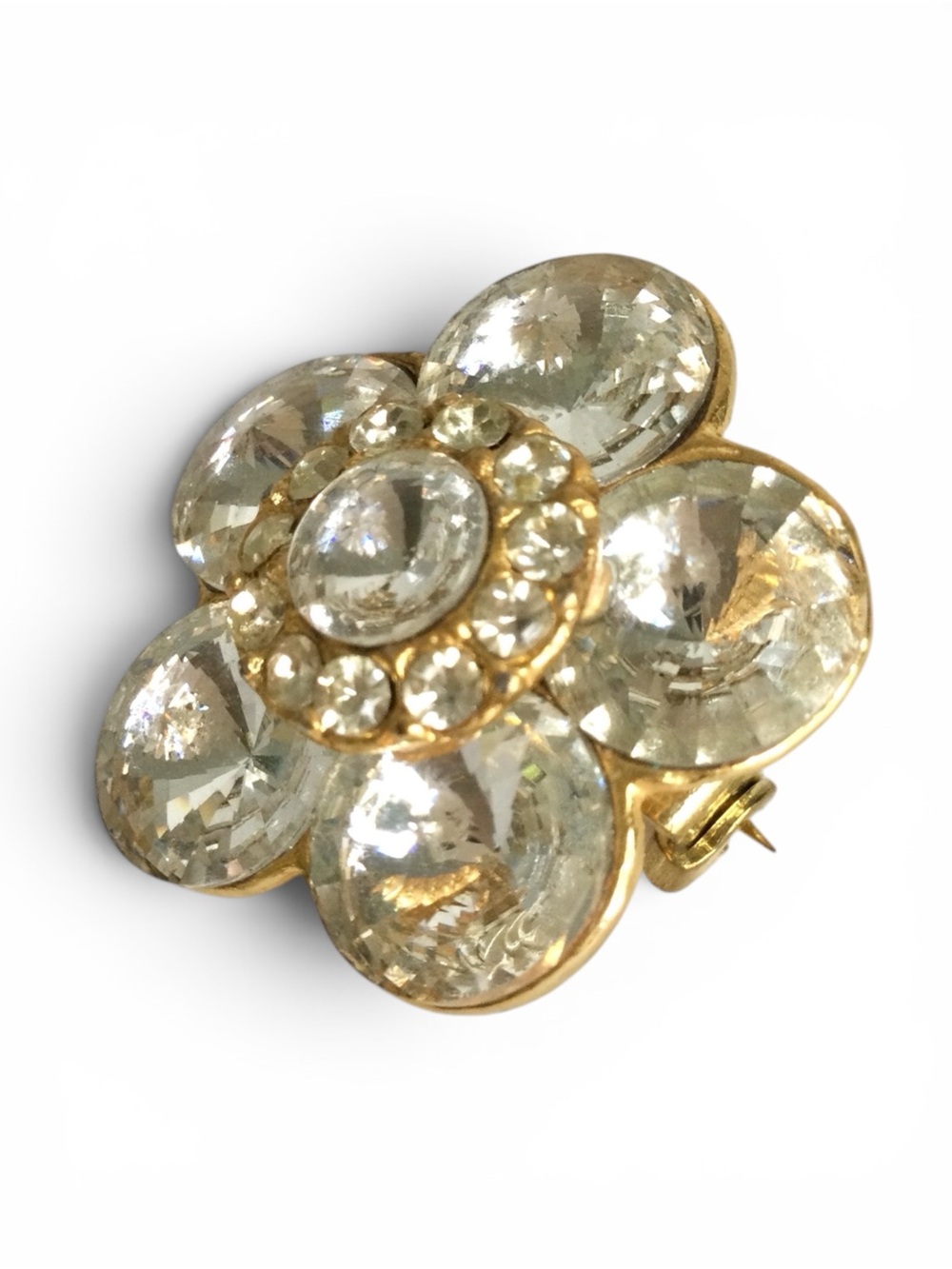 Vintage 1950s Clear Rivoli Floral Brooch - Gold‑Tone - Rare Find - Picture 4 of 12